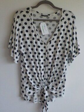 Sweet Claire Blouse - Small - White Black Polka Dot Tie Front Short Sleeve (888)